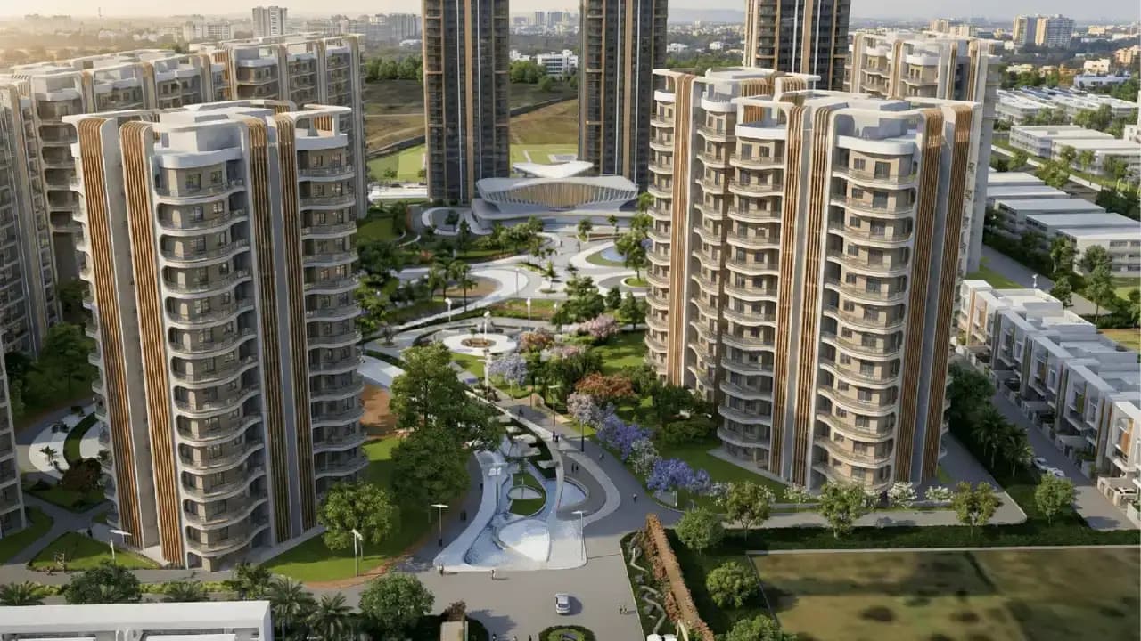 M3M Forestia West aerial view of 9 towers with Central Grove and landscaped podium